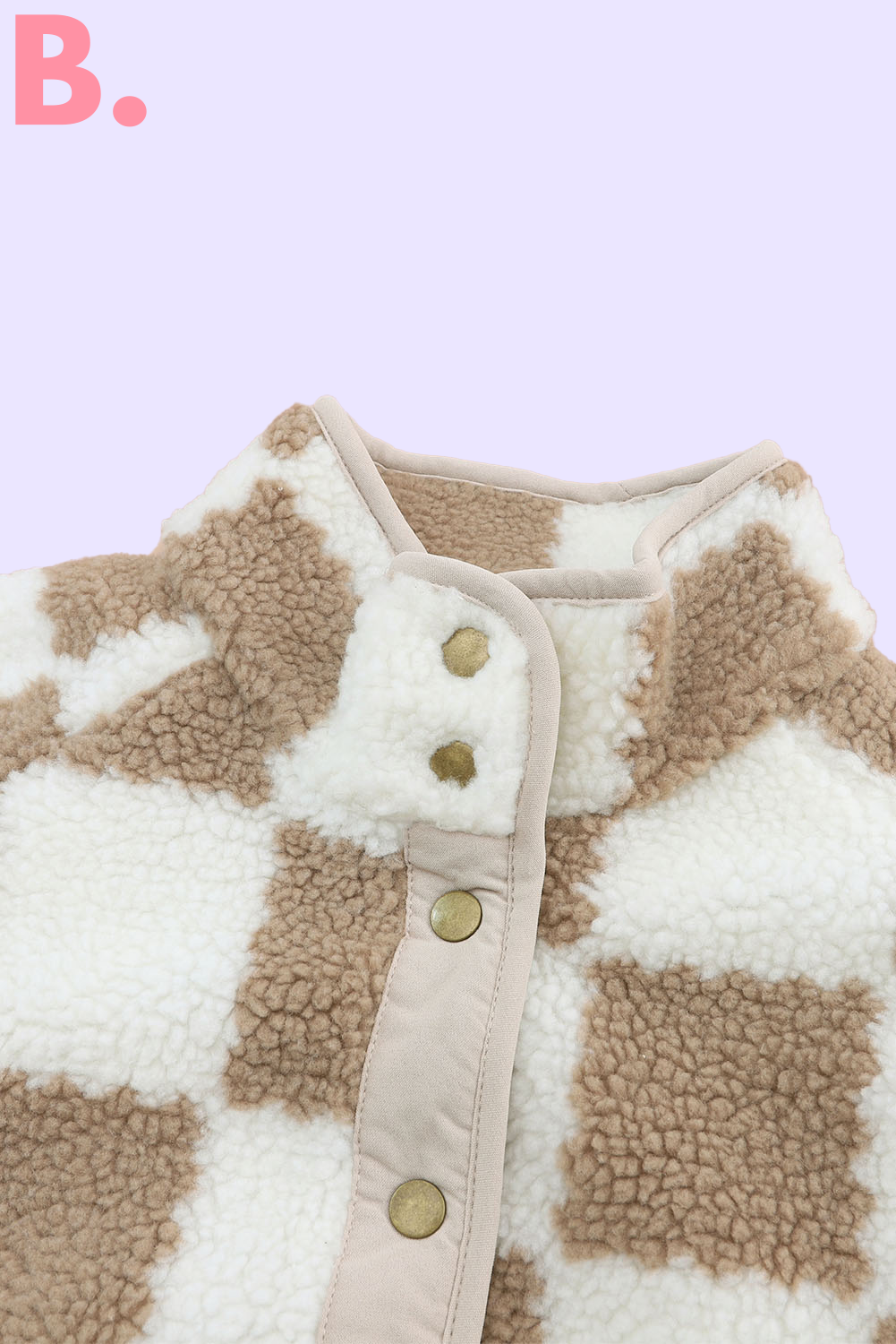 Brown Checked Snap Button Zip Pockets Sherpa Jacket