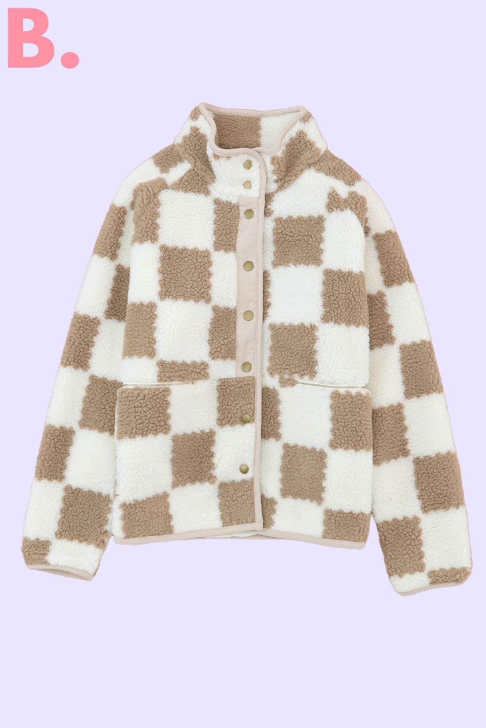 Brown Checked Snap Button Zip Pockets Sherpa Jacket