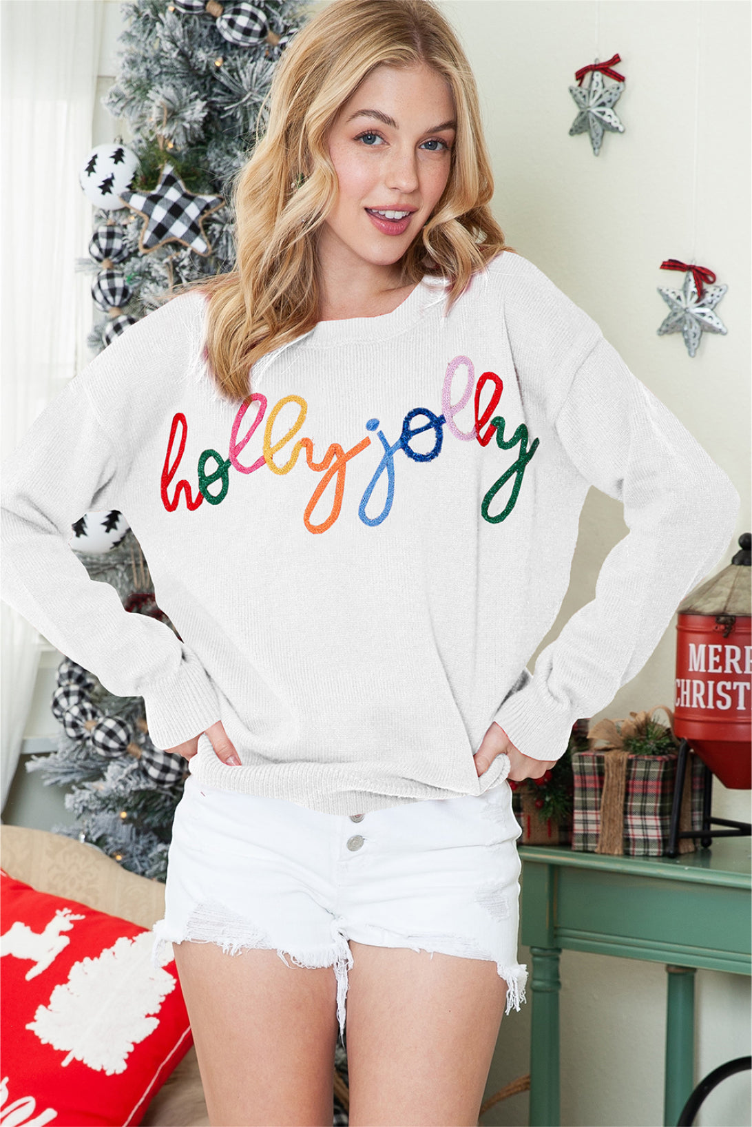 White Holly Jolly Round Neck Casual Sweater