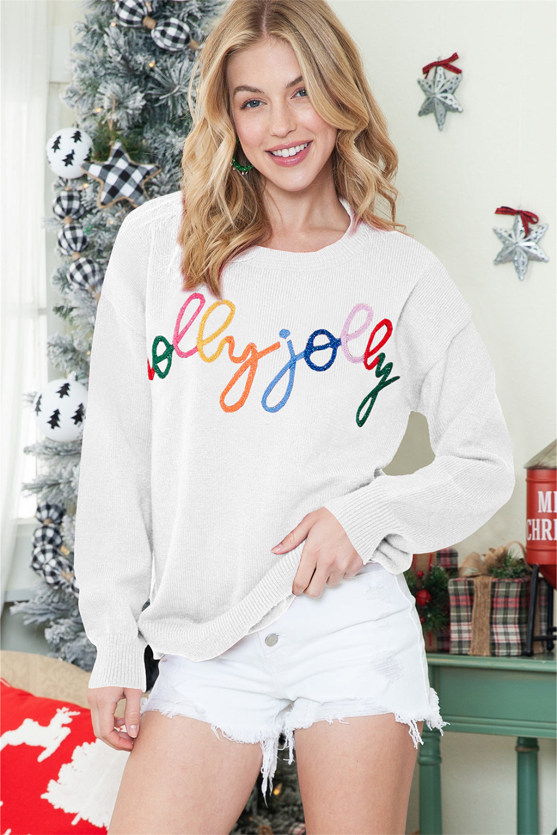 White Holly Jolly Round Neck Casual Sweater