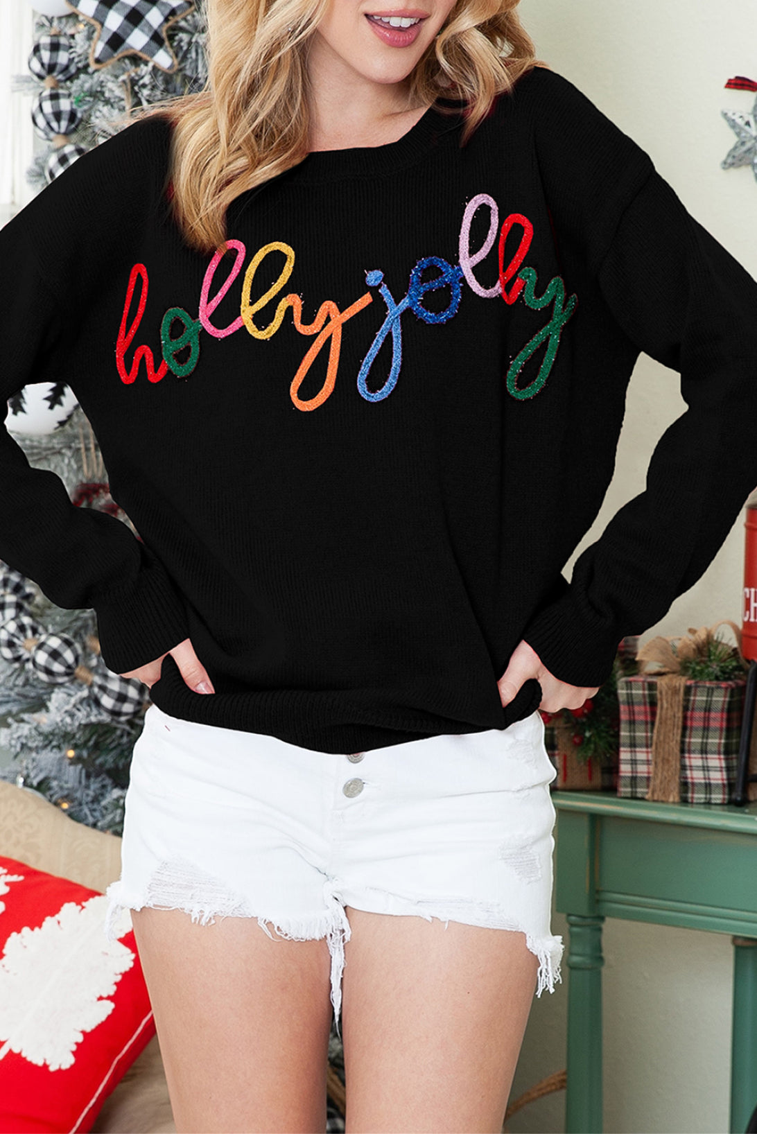 White Holly Jolly Round Neck Casual Sweater