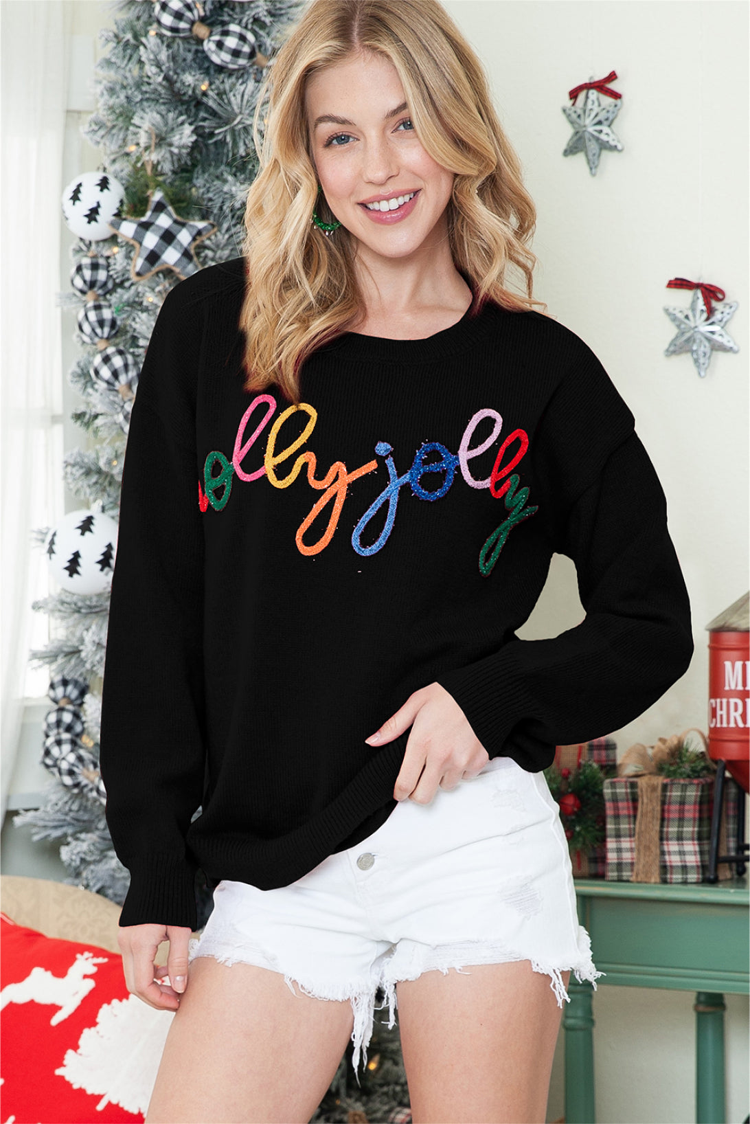 White Holly Jolly Round Neck Casual Sweater