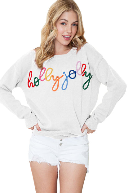 White Holly Jolly Round Neck Casual Sweater